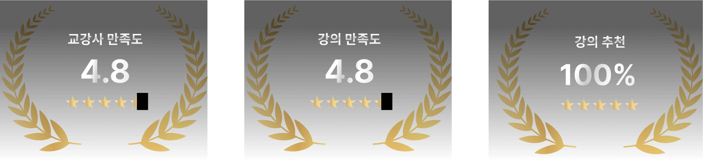 교강사 만족도 4.8, 강의 만족도 4.8, 강의추천 100%