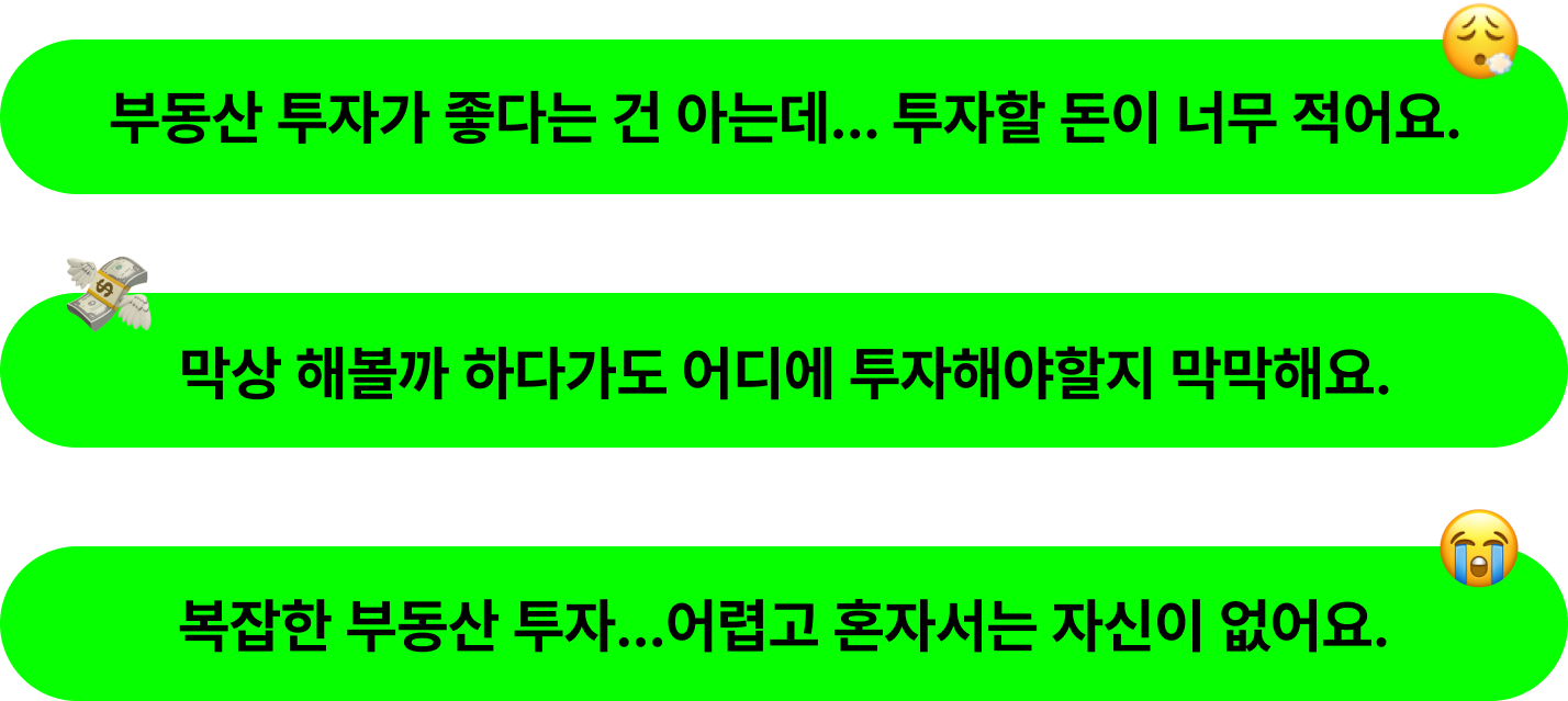 부동산 투자가 좋다는건 아는데... 투자할 돈이 너무 적어요, 막상 해볼까 하다가도 어디에 투자해야할지 막막해요, 복잡한 부동산 투자... 어렵고 혼자서는 자신이 없어요.